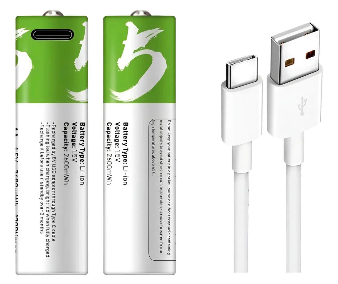 Pilas Recargables Aa 2600mah Pack X2 + Cable Usb-c