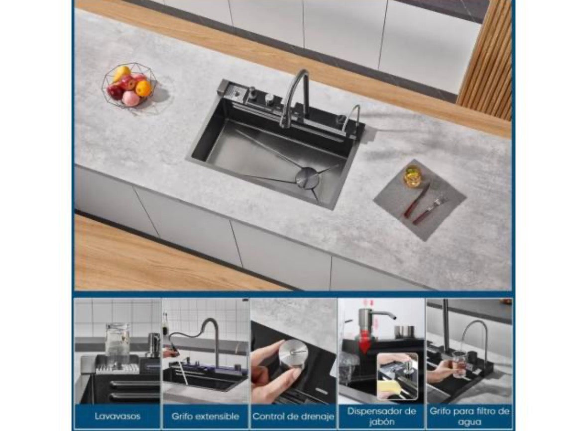 Pileta Bacha Acero Inox Multifuncion Con Lava Vaso Premium 75cm