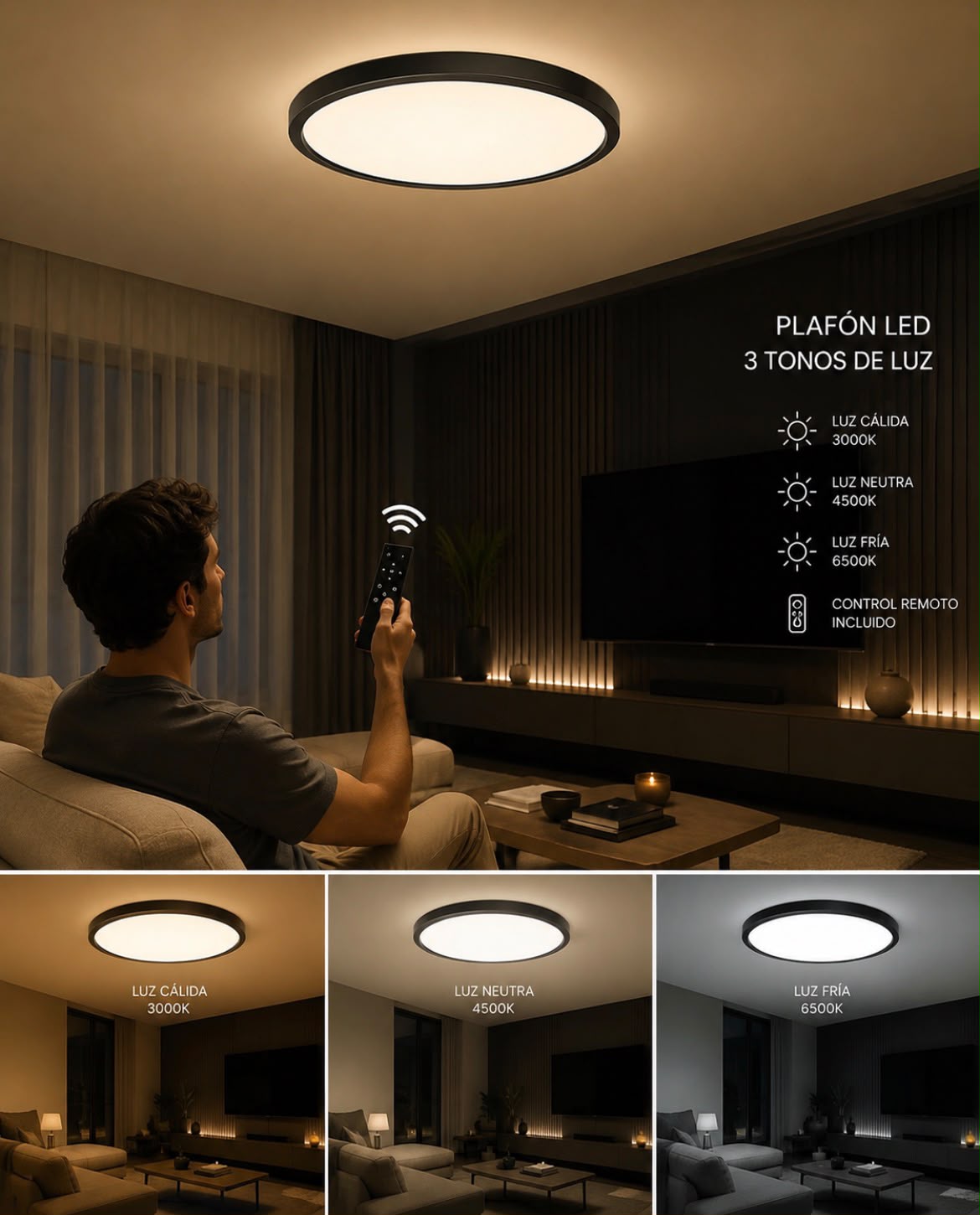 Plafón Led Smart Luminaria De Techo Metálico Luz Fria Calida y Neutra Con Control Remoto