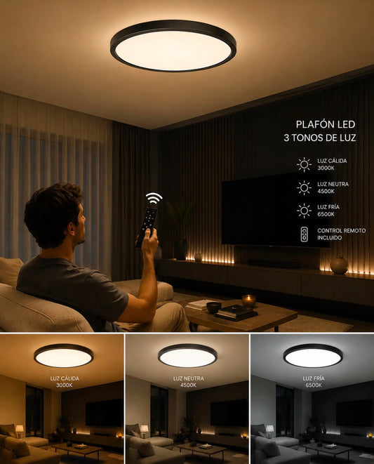 Plafón Led Smart Luminaria De Techo Metálico Luz Fria Calida y Neutra Con Control Remoto