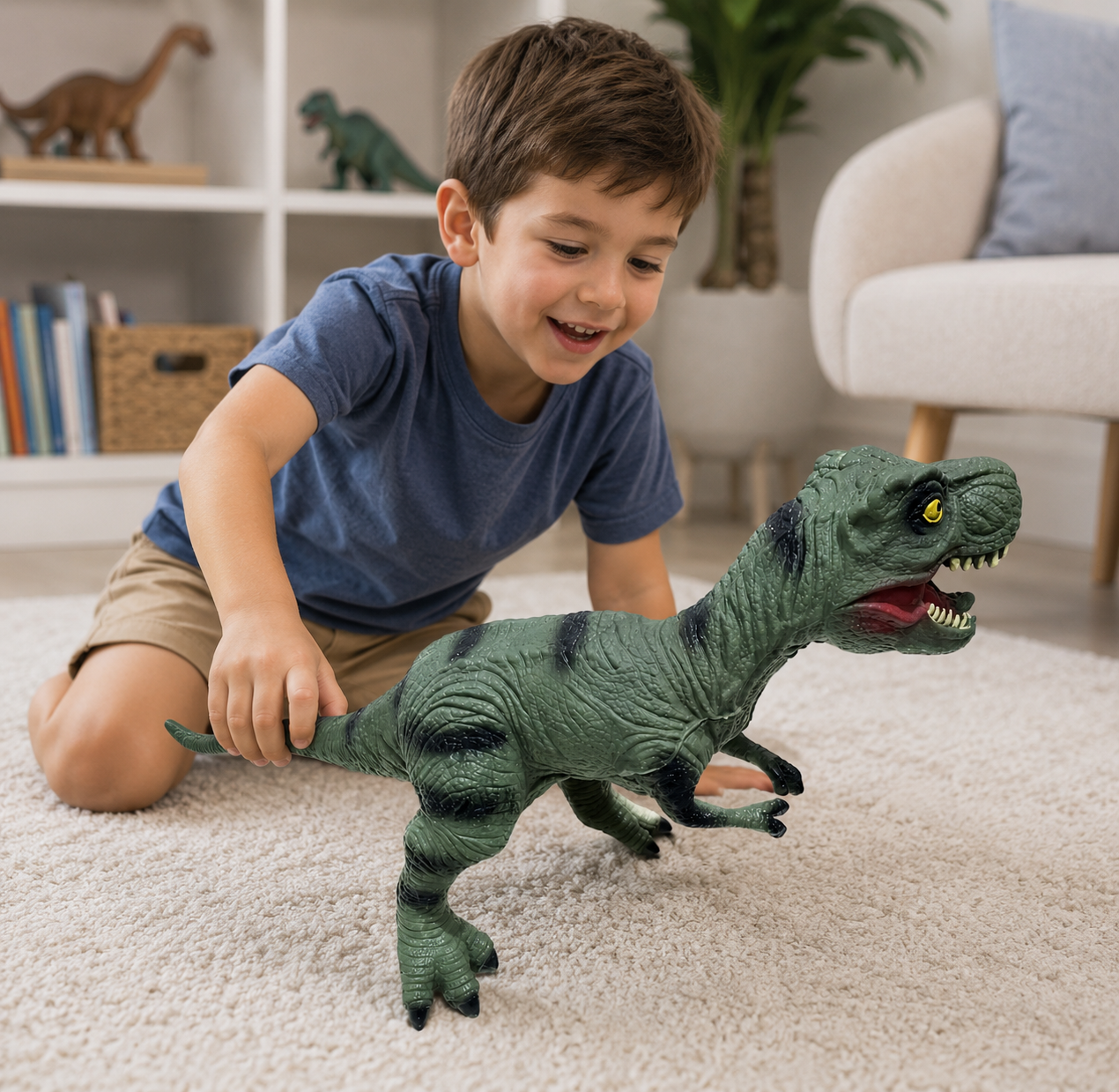 Dinosaurio T Rex Mediano De Goma Con Sonido Real 35cm Largo X 27cm Altura